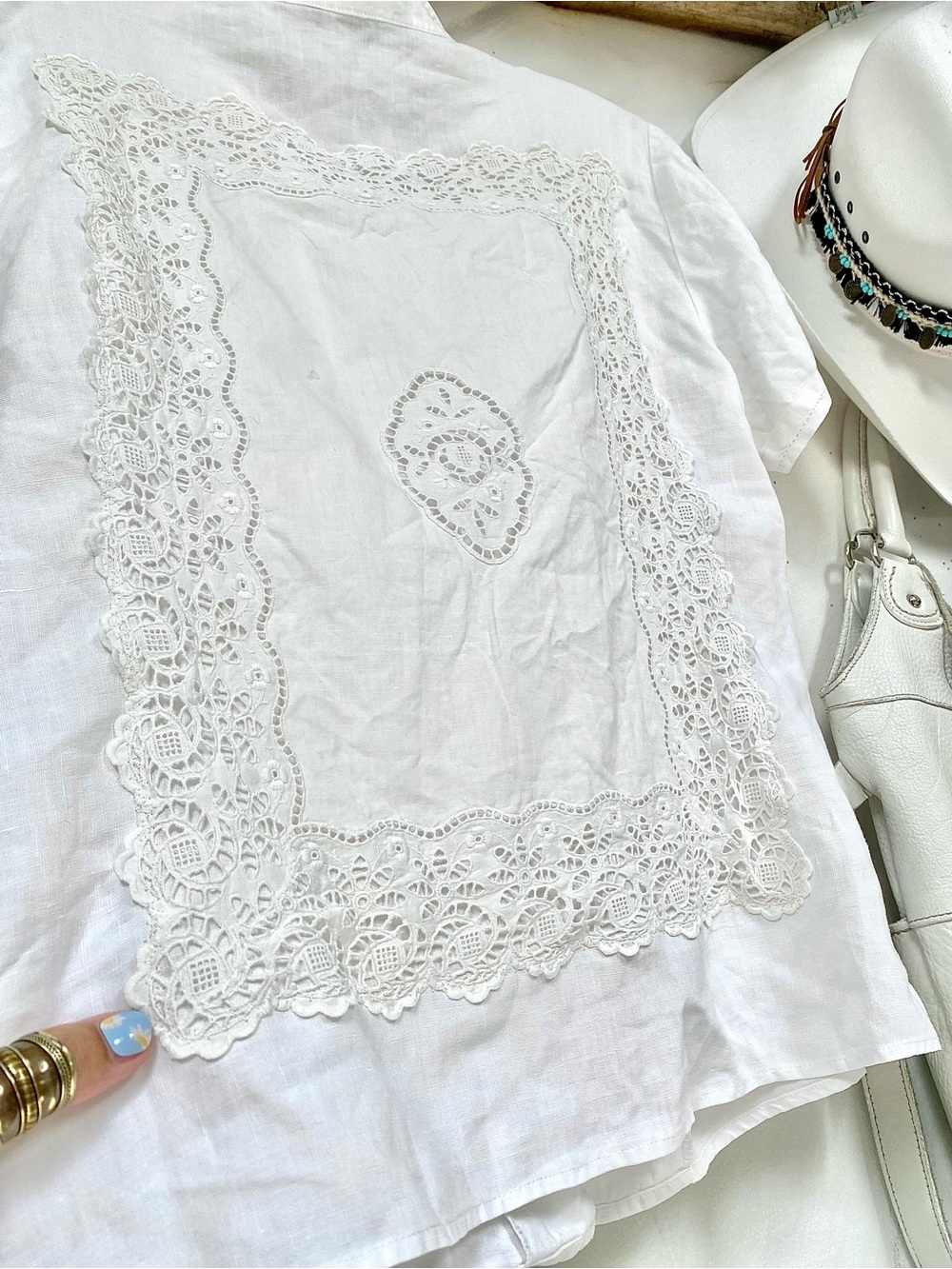 Upcycled LINEN shirt/cover up w crochet back detailing w cottagecore beach vibe
